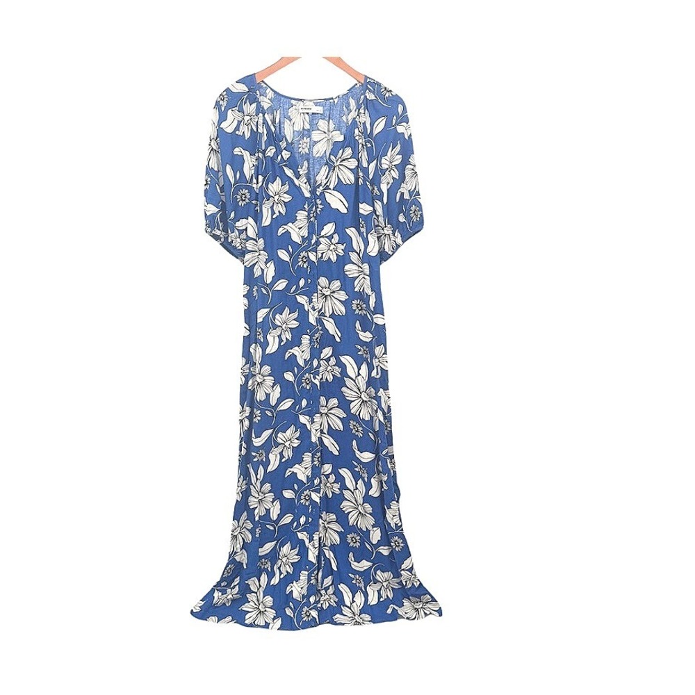 Sonoma Goods For Life Maxi Dress Blue Floral Linen Blend Puff Sleeve Boho LG